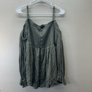 Torrid Top Womens Plus 1X Olive Green Cold Shoulder‎ Babydoll Boho Smocked Top